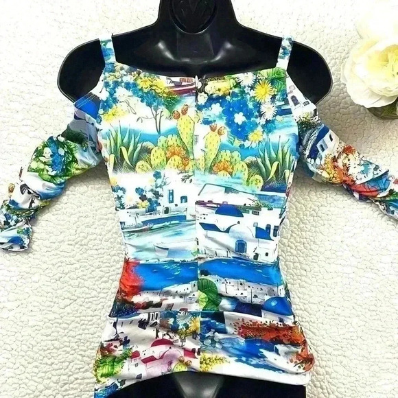 Boston Proper Cold Shoulder Rouge 3/4 Sleeve Cowl Neckline Tropical Top Size XS - Picture 8 of 15